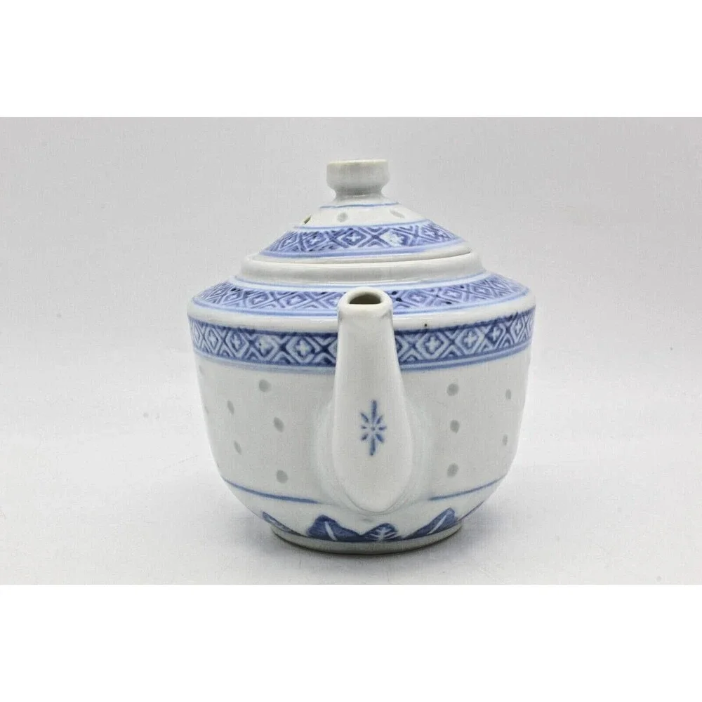 Rice Eye Grain Teapot 4 inch Chinese Porcelain Translucent Blue White Flower VTG